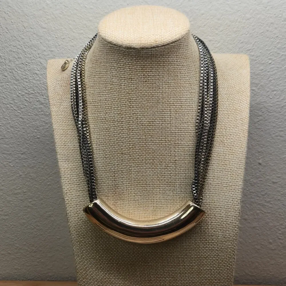 Vintage Lydell NYC Multi Strand Statement Necklace Two Tone Silver Gold Mesh
